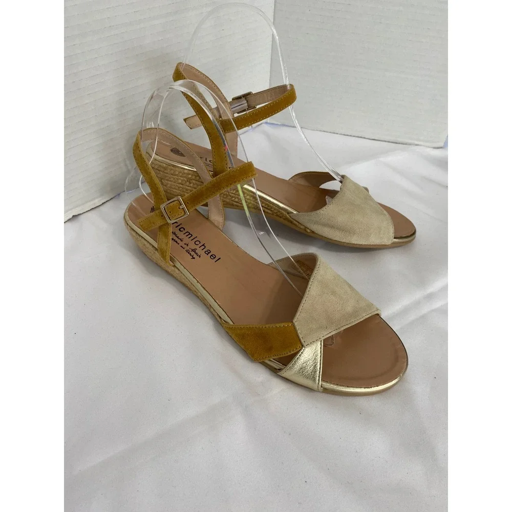 Eric Michael Wedge Sandals Womens 40 Tan Mustard Gold Excellent Espadrille Spain